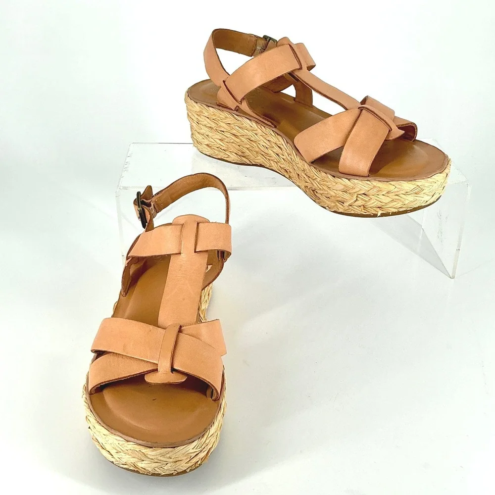 Kork-Ease Size 8 Tan Leather Espadrille Platform Wedge Sandals Ande‎